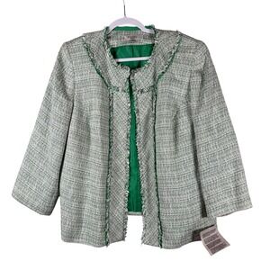 Kasper Separates Womens 16W Jacket Green Tweed Boucle Fringed Raw Hem Blazer NWT